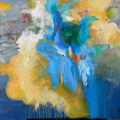 An abstract painting featuring a blend of vibrant and muted colors, perfect for an art gallery. Central splashes of bright blue, green, and yellow are surrounded by cloud-like formations of white, gray, and beige. Drips of paint and swirling patterns add dynamic texture throughout.