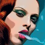 A stylized, close-up digital illustration of a person's face with reddish-brown hair. They have green eyeshadow and pink lipstick, and are exhaling white smoke against a turquoise background. The illustration is vibrant and detailed.