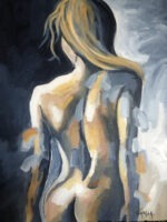 A painting in our online art gallery depicts the back of a nude female figure with long hair. The artwork uses broad, expressive brushstrokes in shades of gray, white, tan, and gold to create a textured, abstract effect. The background is a blend of dark and light tones. Sell your art here!