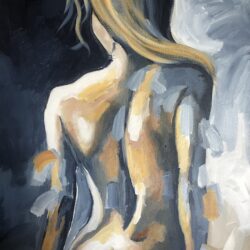 A painting in our online art gallery depicts the back of a nude female figure with long hair. The artwork uses broad, expressive brushstrokes in shades of gray, white, tan, and gold to create a textured, abstract effect. The background is a blend of dark and light tones. Sell your art here!