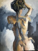 A painted image of a nude person viewed from behind. The figure's back is highlighted with shades of brown, and they have one arm raised to their head. The background is abstract, with blue and grey tones blending together. Perfect for an online art gallery seeking to showcase or sell your art.