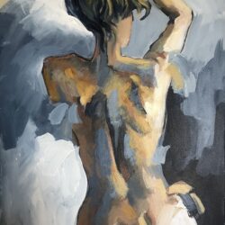 A painted image of a nude person viewed from behind. The figure's back is highlighted with shades of brown, and they have one arm raised to their head. The background is abstract, with blue and grey tones blending together. Perfect for an online art gallery seeking to showcase or sell your art.