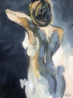 A painting depicts the back view of a nude woman with her left arm raised, touching her head. Her body has dynamic brushstrokes in shades of blue, beige, and cream against a dark blue background, lending the piece a sense of movement and emotion—perfect for an online art gallery.