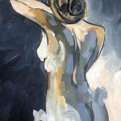 A painting depicts the back view of a nude woman with her left arm raised, touching her head. Her body has dynamic brushstrokes in shades of blue, beige, and cream against a dark blue background, lending the piece a sense of movement and emotion—perfect for an online art gallery.