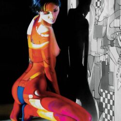 A colorful, abstract painting of a woman kneeling. The woman's body is highlighted in contrasting shades of red, orange, yellow, blue, and purple. She faces the wall, casting a shadow on a patterned black-and-white background. Perfect for any art gallery seeking vibrant pieces or individuals looking to sell your art.