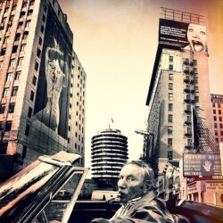 A man drives a vintage convertible through an urban street with tall buildings and billboards. The scene has a dramatic, high-contrast tone. One billboard shows a woman's face and another depicts "Sell Your Art" in bold letters. The sky is overcast, lending a moody atmosphere reminiscent of an Edward Bunker novel.