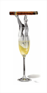 An artistic rendering perfect for an online art gallery: a champagne glass filled with yellow liquid and bubbles, from which a pair of human legs in ballet shoes emerges, balancing a large cigar on the toes. The white background makes the subject prominent and ready to sell your art.