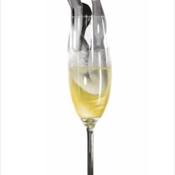 An artistic rendering perfect for an online art gallery: a champagne glass filled with yellow liquid and bubbles, from which a pair of human legs in ballet shoes emerges, balancing a large cigar on the toes. The white background makes the subject prominent and ready to sell your art.