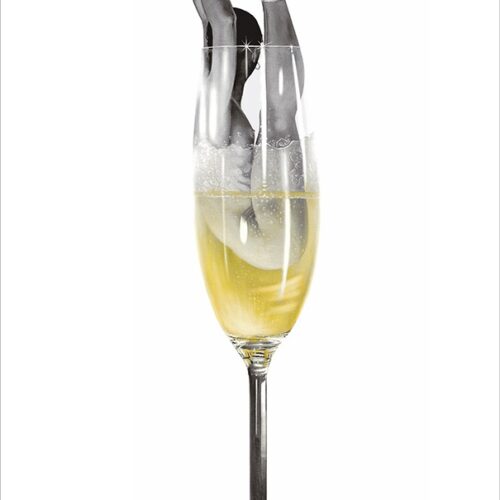 An artistic rendering perfect for an online art gallery: a champagne glass filled with yellow liquid and bubbles, from which a pair of human legs in ballet shoes emerges, balancing a large cigar on the toes. The white background makes the subject prominent and ready to sell your art.