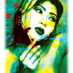 An artistic and vibrant poster featuring a stylized portrait of a woman with colorful abstract elements overlaid. "TOKYO" is written at the top in large letters, and "DON'T STAY TOO LONG" is at the bottom. The design has a surreal and energetic feel.