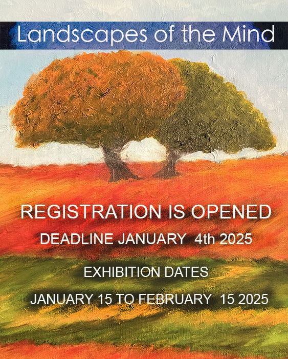 colorful painting of two trees in a red and green field with the text: "landscapes of the mind. registration is open. call for entry! deadline january 4th, 2025. exhibition dates january 15 to february 15, 2025.