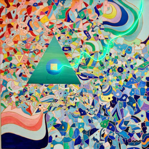 abstract artwork featuring a central turquoise triangle surrounded by a colorful, chaotic mix of geometric shapes and patterns. a neon green line zigzags through, adding dynamic energy to the vivid composition.