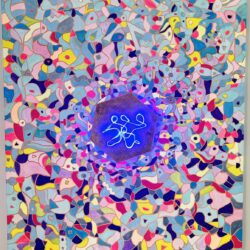 a vibrant abstract artwork featuring a central glowing blue hexagon surrounded by a complex mosaic of colorful, swirling shapes and patterns in pink, blue, yellow, and purple hues.