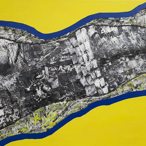 abstract painting featuring a textured, grayscale central shape bordered by a blue wavy line, set against a bright yellow background. the grayscale area includes varied brushstrokes and patches of white and dark tones.