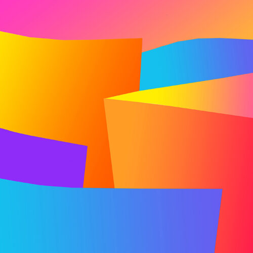 abstract digital artwork featuring overlapping, irregular geometric shapes in vivid gradients of pink, yellow, orange, blue, and purple, set against a colorful, gradient background.