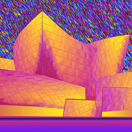 digital artwork of a modern, angular building in vibrant gold and orange tones, set against a colorful, streaked background of blue, red, and purple, giving a surreal and futuristic effect.