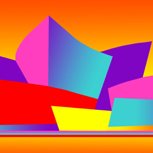 abstract digital illustration of colorful, overlapping geometric shapes—red, yellow, pink, purple, and turquoise—set against a vibrant gradient background of orange and yellow with thin horizontal stripes at the bottom.