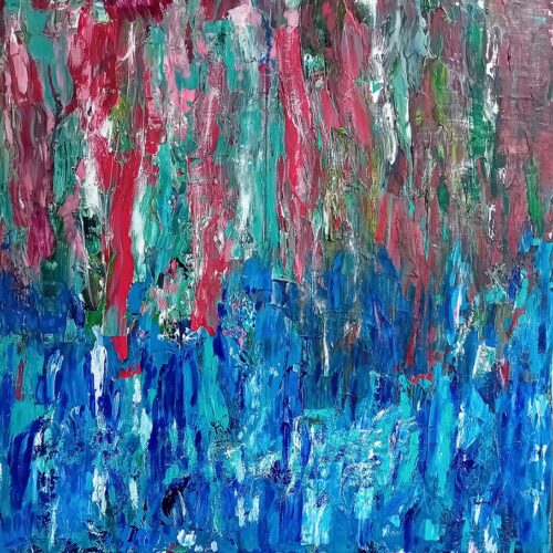 abstract painting with textured red, green, and white strokes blending vertically at the top, transitioning to vibrant blue and turquoise brushstrokes at the bottom, creating a dynamic and colorful composition.