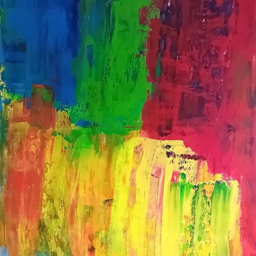 an abstract painting with bold, vertical strokes of blue, green, red, and yellow, blending and overlapping with textured layers and vibrant, dynamic color contrasts.