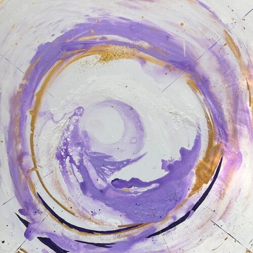abstract painting with swirling purple, gold, and white brushstrokes forming circular patterns on a light background. the colors blend softly, creating a sense of movement and depth.