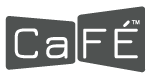 logo with the word "cafÉ" in white letters on two overlapping, dark gray, trapezoidal shapes. the accent on the "e" is slanted, and there is a small "tm" symbol in the top right corner.