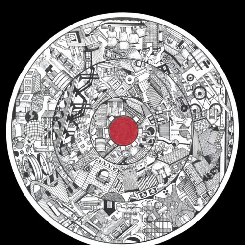 a circular abstract illustration with intricate black and white geometric and architectural patterns, featuring a bold red dot at the center. the design is dense and detailed, set against a solid black background.