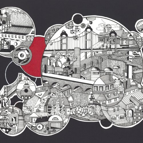 black and white intricate line drawing of interconnected circular scenes depicting various buildings and cityscapes, with one circle shaded red. the background is dark and the style is highly detailed and abstract.