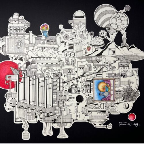 intricate black and white abstract drawing of a surreal, industrial landscape on a black background, featuring detailed machinery, pipes, and geometric shapes, with pops of color in three sections: a brain, a planet, and a red circle.