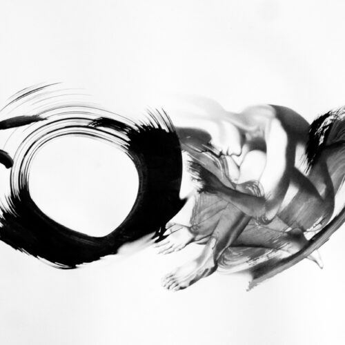 abstract black ink brush strokes form swirling shapes on a white background, with faint, ghostly outlines of a human figure intertwined within the curves. the image is dynamic and fluid, evoking motion and energy.