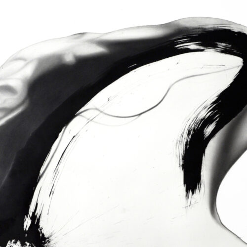 abstract black ink brushstroke sweeps across a white background, accompanied by soft, smoky gray shading and faint curving lines, creating a fluid, dynamic, and minimalistic composition.