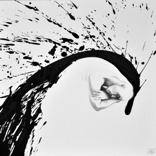 a person curled up in a fetal position is partially enveloped by a large wave of black ink splatters, with dramatic splashes radiating outward on a white background.