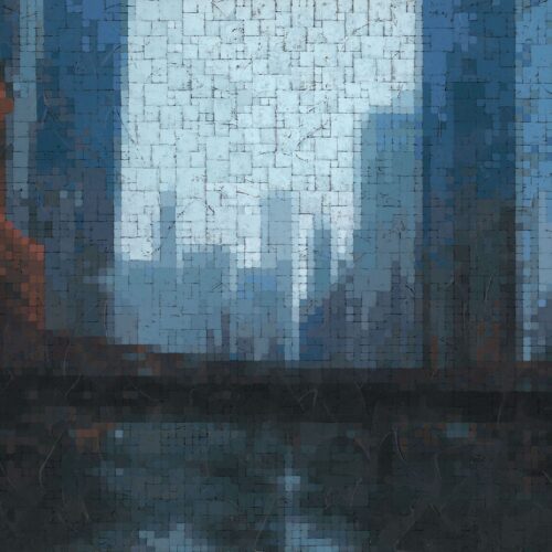 a mosaic style image of a cityscape with tall buildings, a bridge over water, and a soft blue gray color palette, giving a slightly abstract and pixelated effect.
