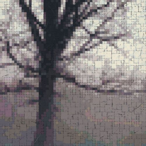 a pixelated, abstract image of a tree with bare branches against a muted, textured background, resembling a mosaic or digital art piece in shades of gray, black, and purple.