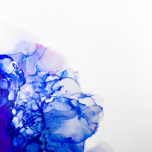 abstract watercolor art with deep blue and purple flowing shapes concentrated in the bottom left corner, gradually fading into a white background. delicate lines and subtle color blends create an ethereal, cloud like effect.