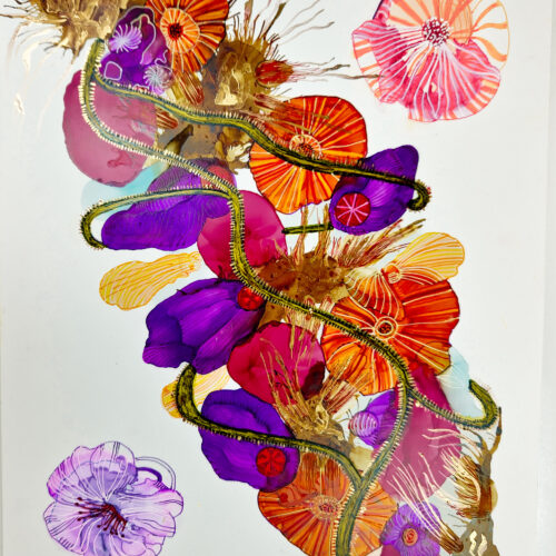 a vibrant, abstract floral artwork features bold red, purple, and pink flowers with gold and green accents, intertwining organic shapes, and intricate linework on a white background.