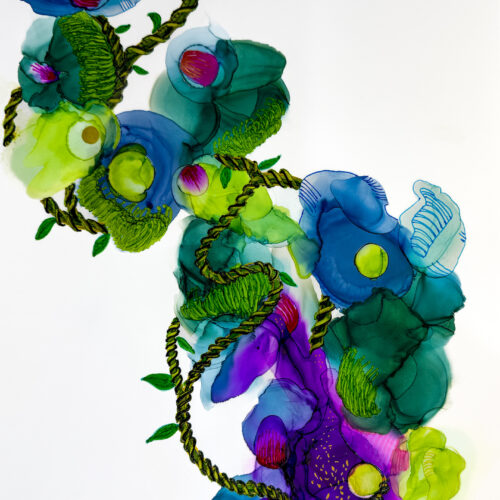 abstract painting of vibrant blue, green, and purple flowers intertwined with a twisting, braided vine on a white background. the colors blend fluidly, creating a sense of movement and organic flow.