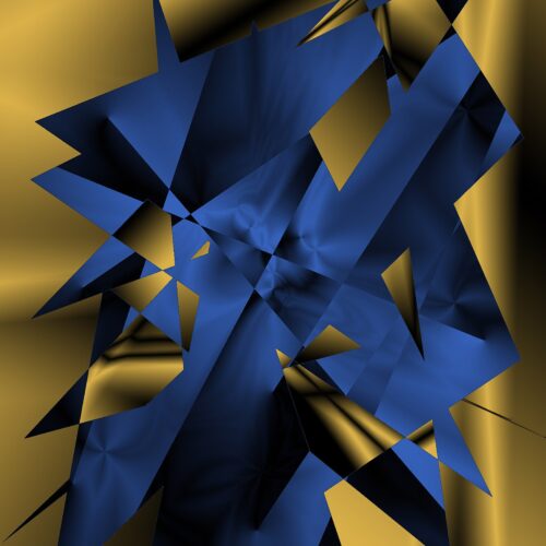abstract digital art with sharp, jagged blue shapes intersecting over a metallic gold background, creating a fragmented, geometric pattern with dramatic contrasts and a sense of depth.