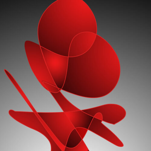 abstract digital art featuring overlapping, curved red shapes with gradients, set against a black to white gradient background. the composition has a flowing, dynamic feel, with smooth lines and translucent red forms.