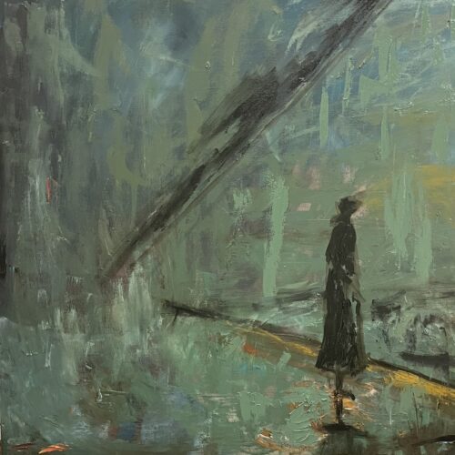 a solitary figure in a dress and hat stands under a large umbrella in a misty, impressionistic landscape filled with shades of green and blue, with light brushstrokes suggesting rain and movement.
