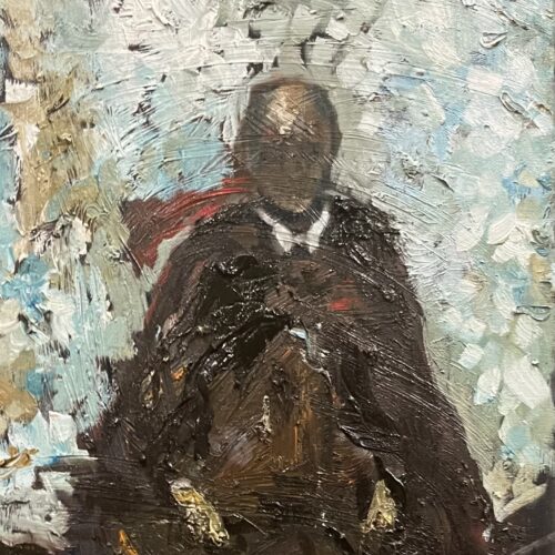 an abstract painting of a faceless figure in dark clothing, seated against a background of light blue and white brushstrokes, with thick, textured paint and undefined features.