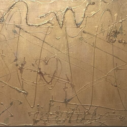 a gold toned abstract painting with textured lines, swirls, drips, and a heart shape in the center. various freeform shapes and patterns are scattered across the metallic surface.
