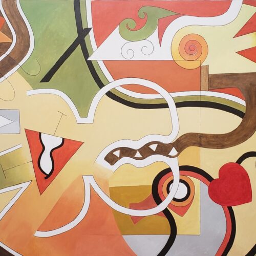 abstract painting with swirling shapes, bold lines, and geometric patterns in shades of red, orange, yellow, green, brown, and black. a red heart, zigzag lines, and curved forms create a sense of movement and energy.