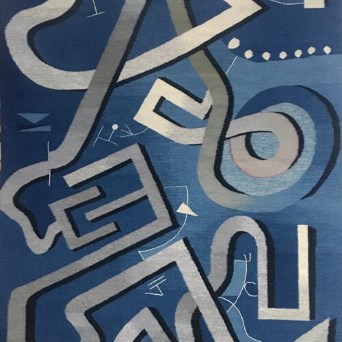 abstract tapestry with bold, angular, and curving lines in shades of blue, gray, and white, intersecting and overlapping against a blue background, with small geometric shapes and dots scattered throughout.