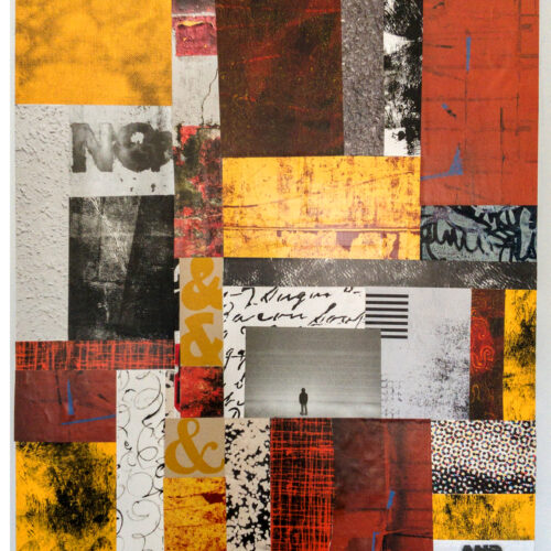 a colorful abstract collage featuring red, yellow, white, and black textured blocks, handwritten text, symbols, a small silhouette of a person, and the phrase “and nothing but the truth.” printed in the bottom right corner.