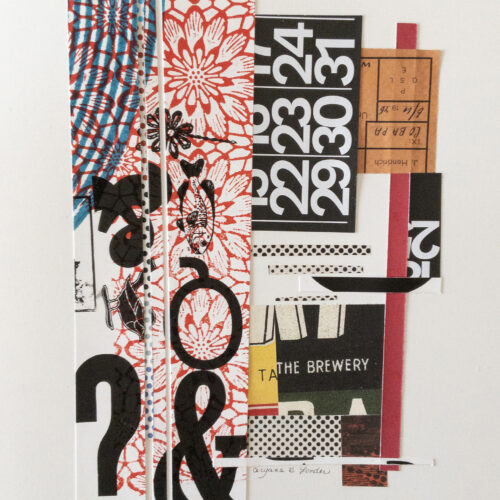 a collage of cut out paper strips featuring bold black numbers, a question mark, an ampersand, red floral patterns, geometric shapes, and a tan ticket, all arranged on a white background.