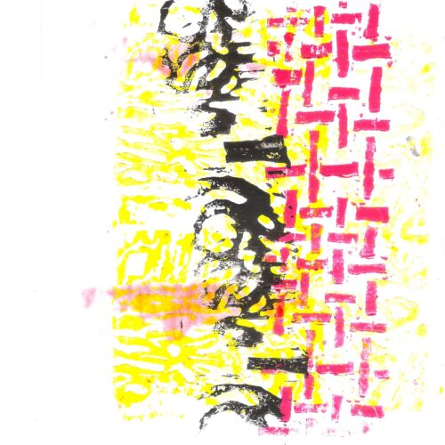 abstract artwork featuring black calligraphic shapes in the center, a repeating pink cross pattern on the right, and yellow textured lines in the background, all on a white canvas.