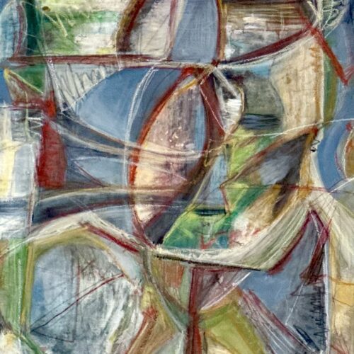 abstract painting with intersecting curved and straight lines in red, blue, and green tones; overlapping geometric shapes create a layered, textured composition with hints of earthy colors and blurred boundaries.