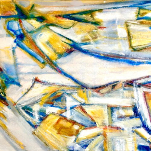 abstract painting with angular shapes in yellow, blue, and white. the overlapping lines and blocks create a dynamic, energetic composition with hints of movement and layered depth throughout the artwork.