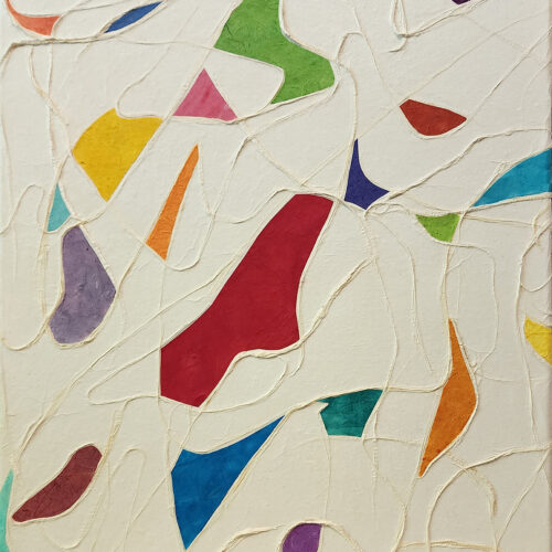 abstract artwork featuring colorful geometric shapes—red, yellow, purple, green, blue, and orange—scattered and outlined with wavy beige lines on a cream background, creating a dynamic, playful composition.