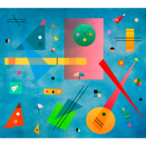 abstract art on a blue background featuring colorful geometric shapes—including triangles, circles, rectangles, and lines—scattered across the canvas in varied sizes and orientations.